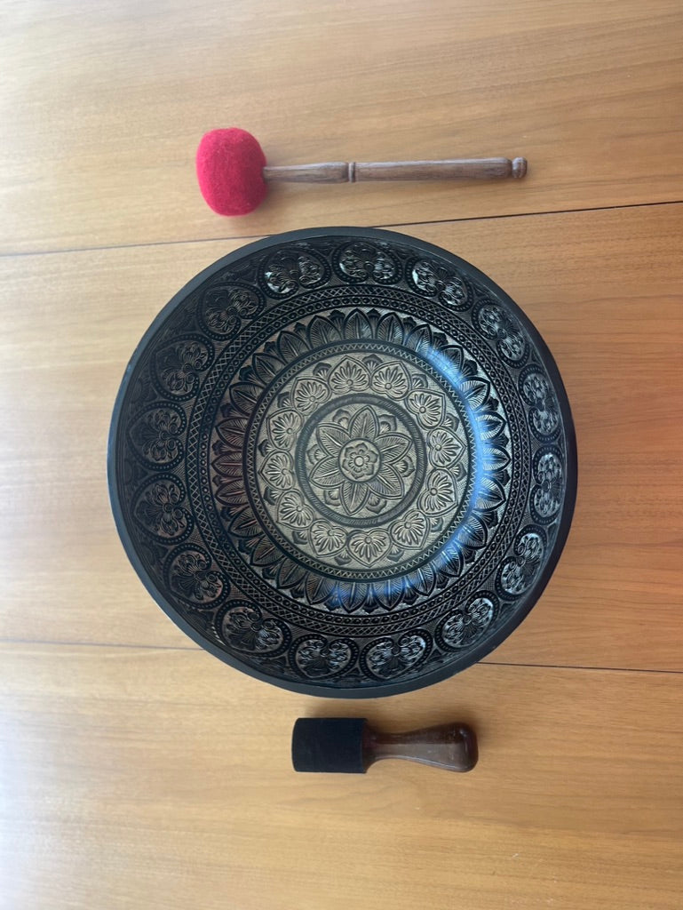 The 15.5 Inch Deep Engraved Midnight Lotus Singing Bowl I Handmade Large Format Bell Bronze