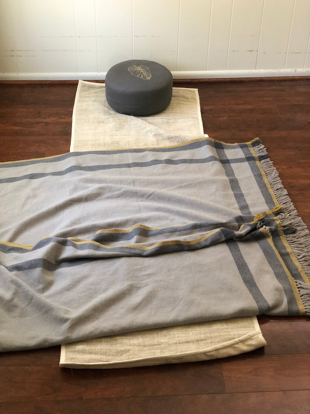 The Practitioner's Bundle: 100% Wool Meditation Shawl, Natural Hemp Yoga Mat and Meditation Cushion