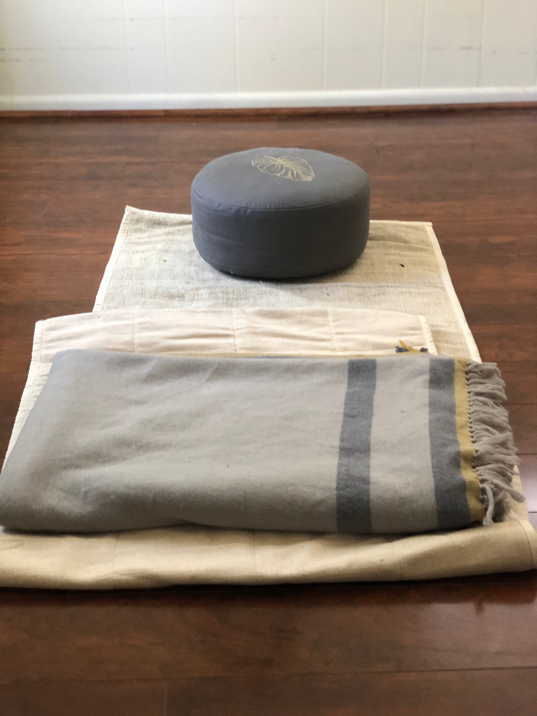 The Practitioner's Bundle: 100% Wool Meditation Shawl, Natural Hemp Yoga Mat and Meditation Cushion