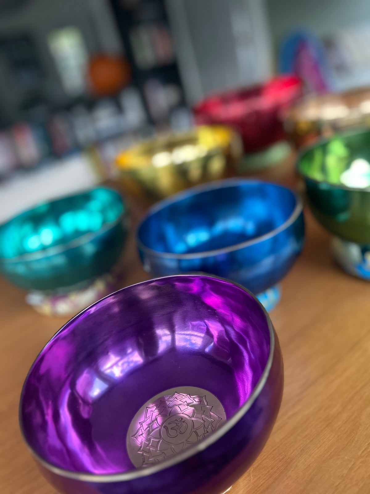 Mini Colorized 7 Chakra Singing Bowl Set - 4th Octave - 4.5" to 7.5" in Size