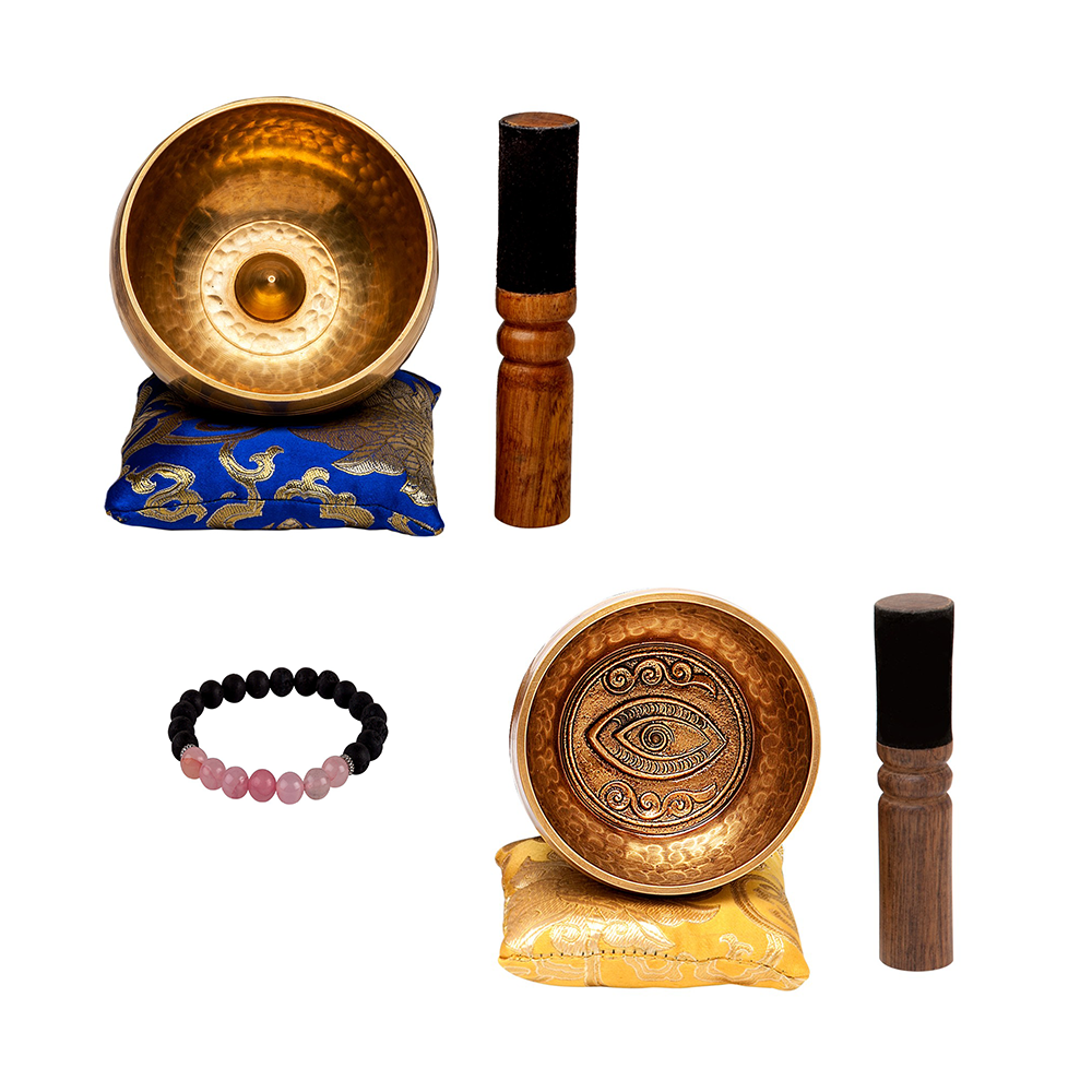 The Balance Bundle: Two, 4inch Handcast Brass Singing Bowls and Lava Stone Mala Bracelet