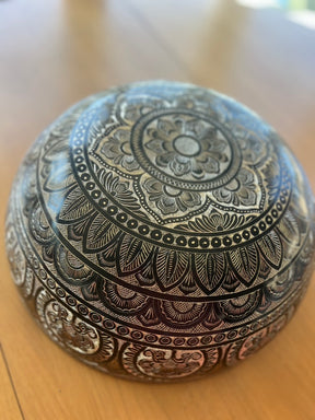 The 15.5 Inch Deep Engraved Midnight Lotus Singing Bowl I Handmade Large Format Bell Bronze