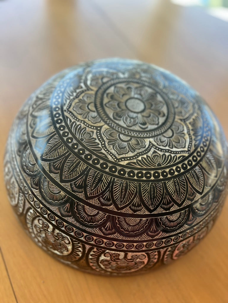 The 15.5 Inch Deep Engraved Midnight Lotus Singing Bowl I Handmade Large Format Bell Bronze