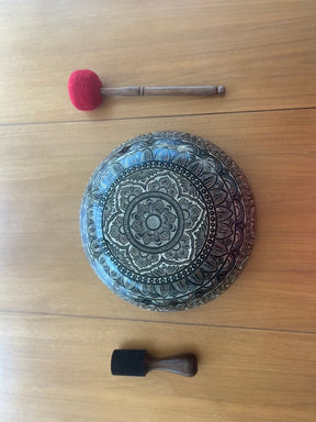 The 15.5 Inch Deep Engraved Midnight Lotus Singing Bowl I Handmade Large Format Bell Bronze
