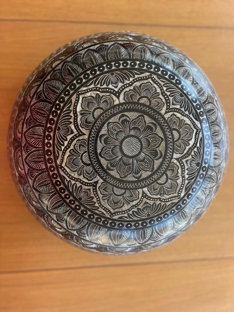 The 15.5 Inch Deep Engraved Midnight Lotus Singing Bowl I Handmade Large Format Bell Bronze