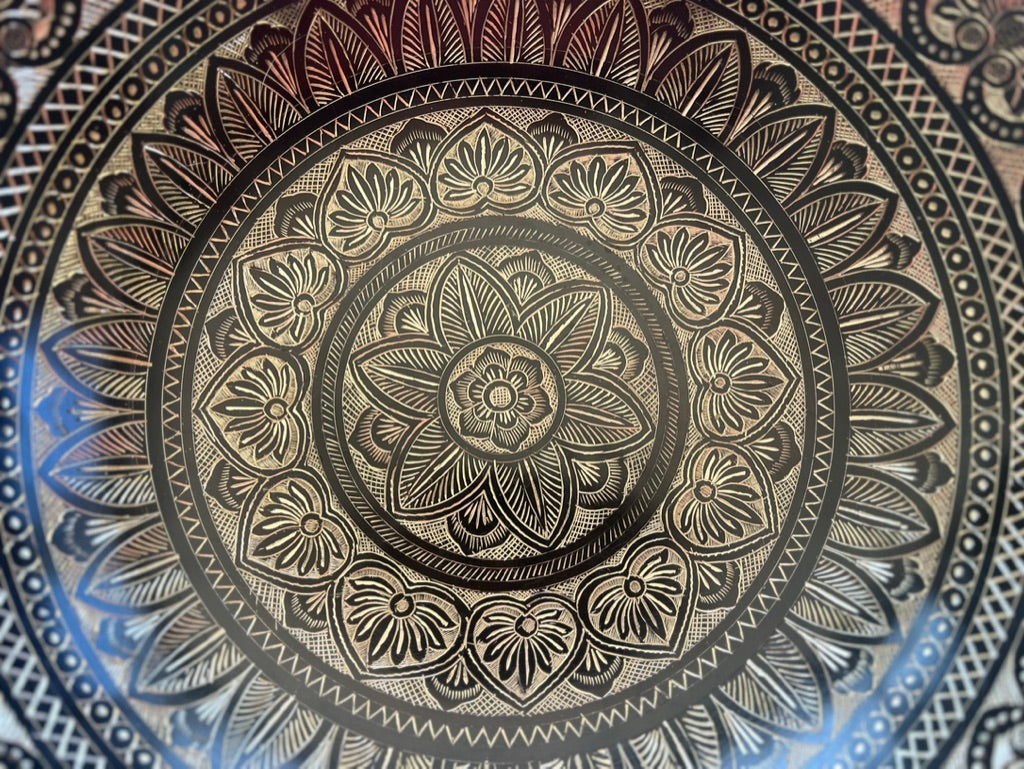 The 15.5 Inch Deep Engraved Midnight Lotus Singing Bowl I Handmade Large Format Bell Bronze