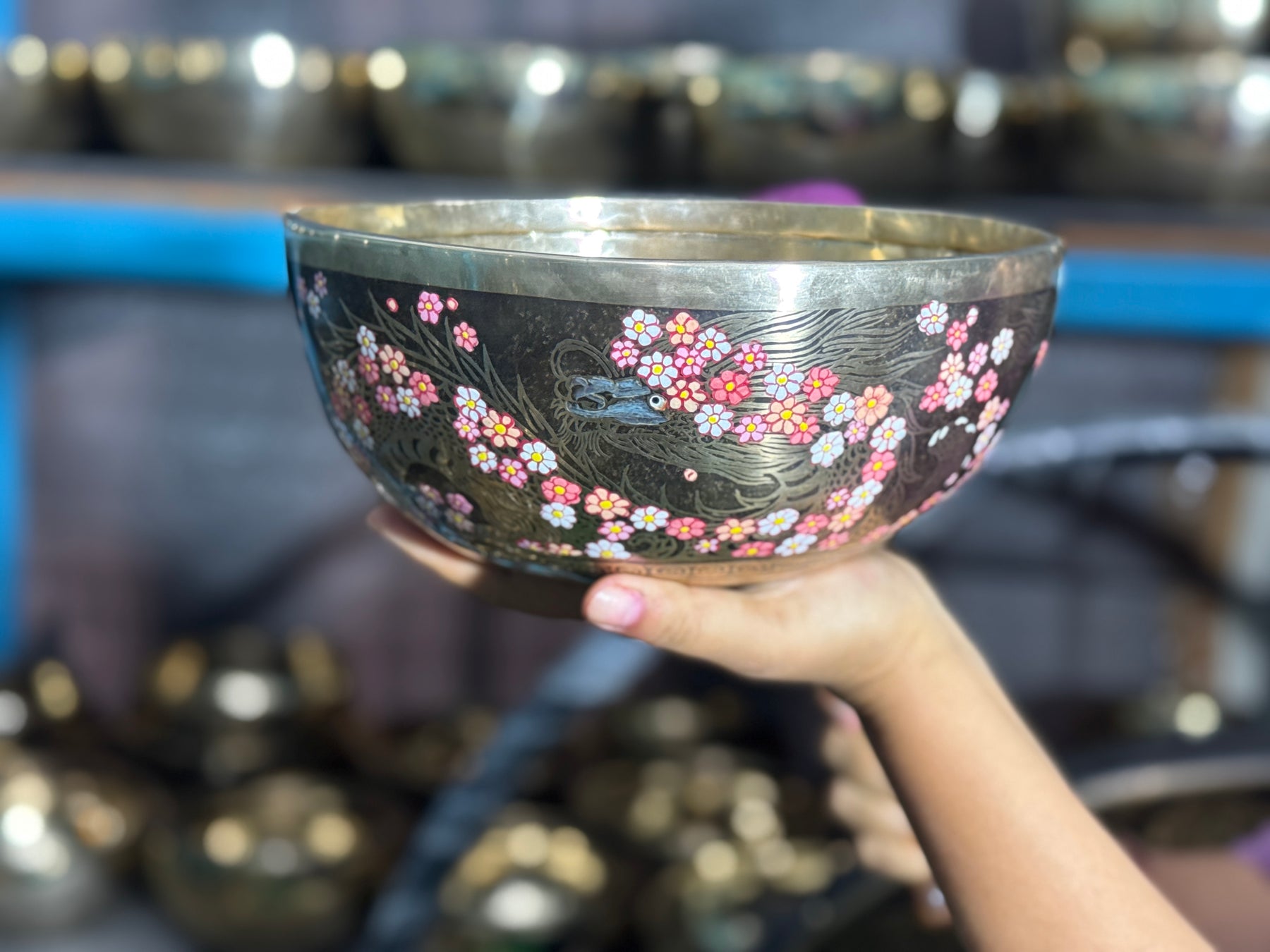 The Flower Dragon. 9 Inch Hand-Painted Singing Bowl. Spring Edition