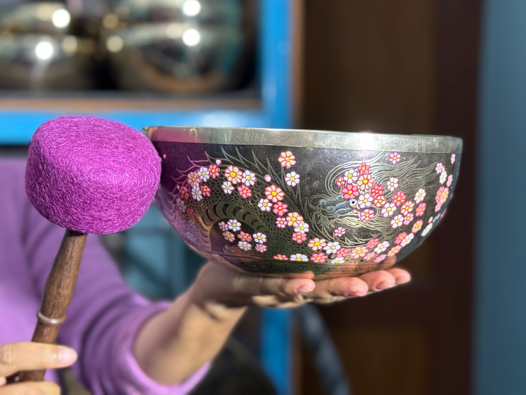 The Flower Dragon. 9 Inch Hand-Painted Singing Bowl. Spring Edition