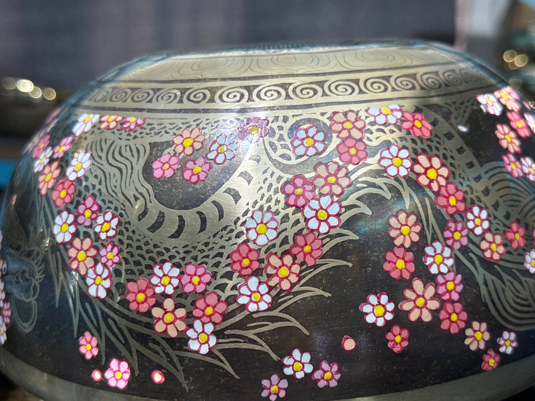 The Flower Dragon. 9 Inch Hand-Painted Singing Bowl. Spring Edition