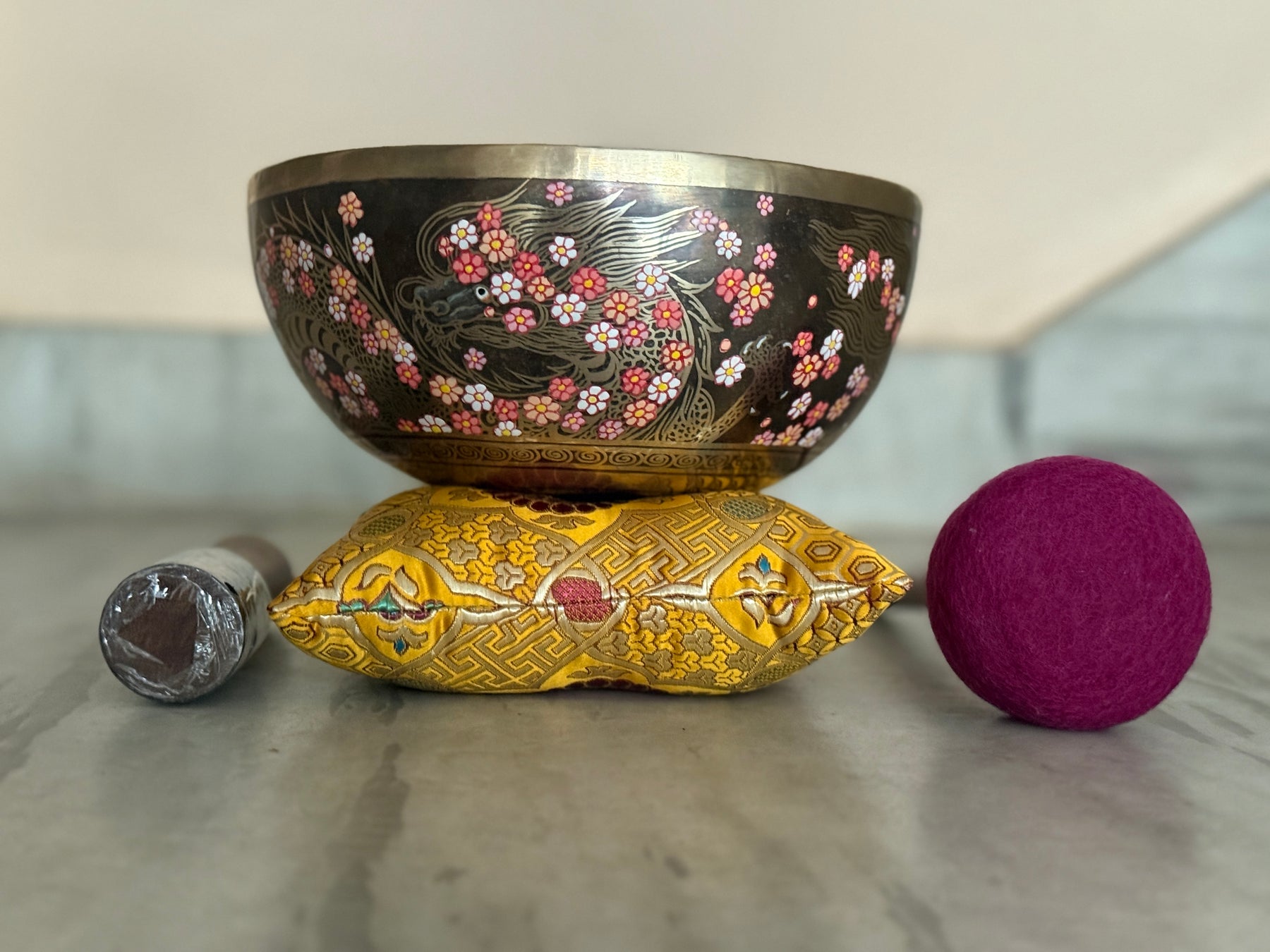 The Flower Dragon. 9 Inch Hand-Painted Singing Bowl. Spring Edition