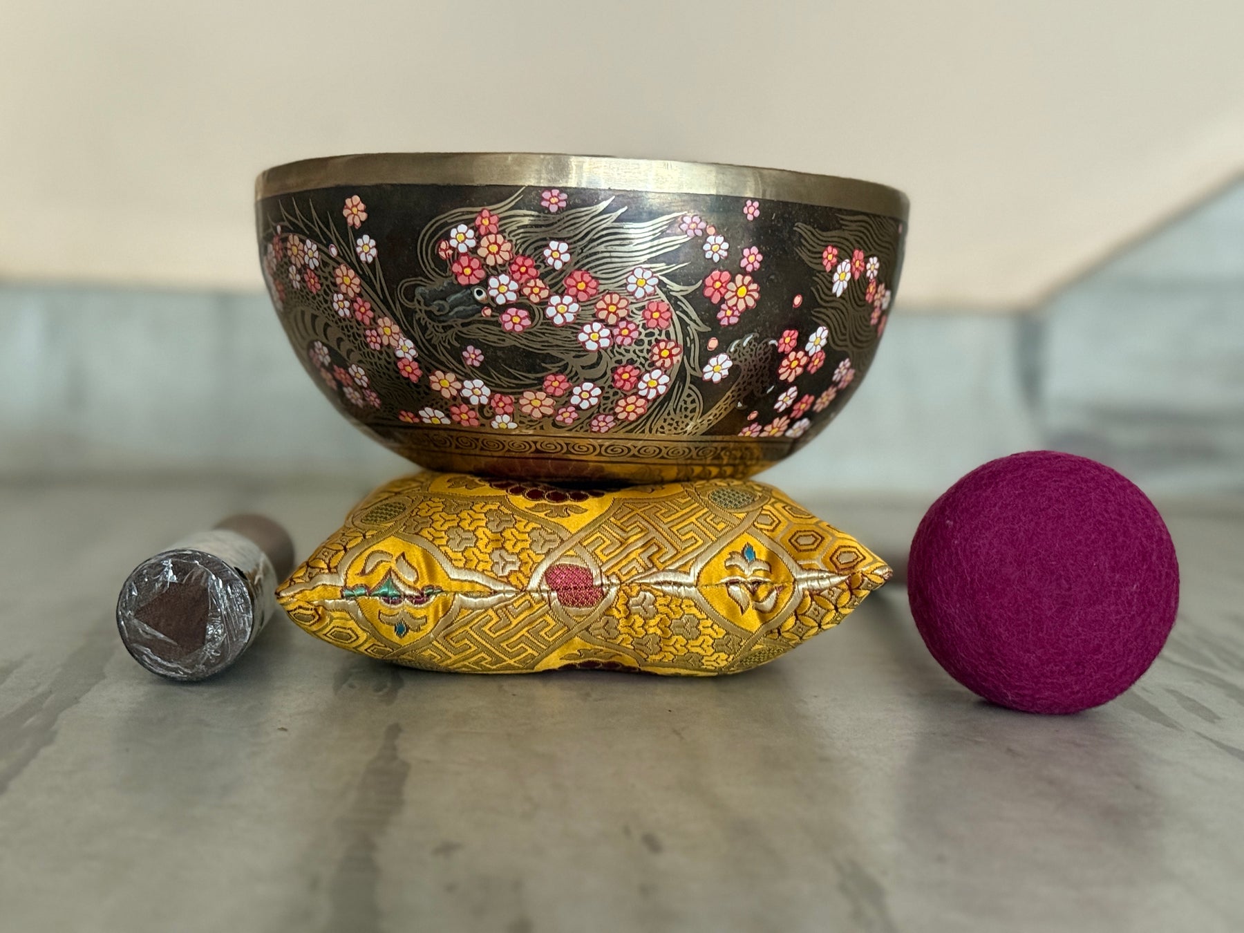 The Flower Dragon. 9 Inch Hand-Painted Singing Bowl. Spring Edition