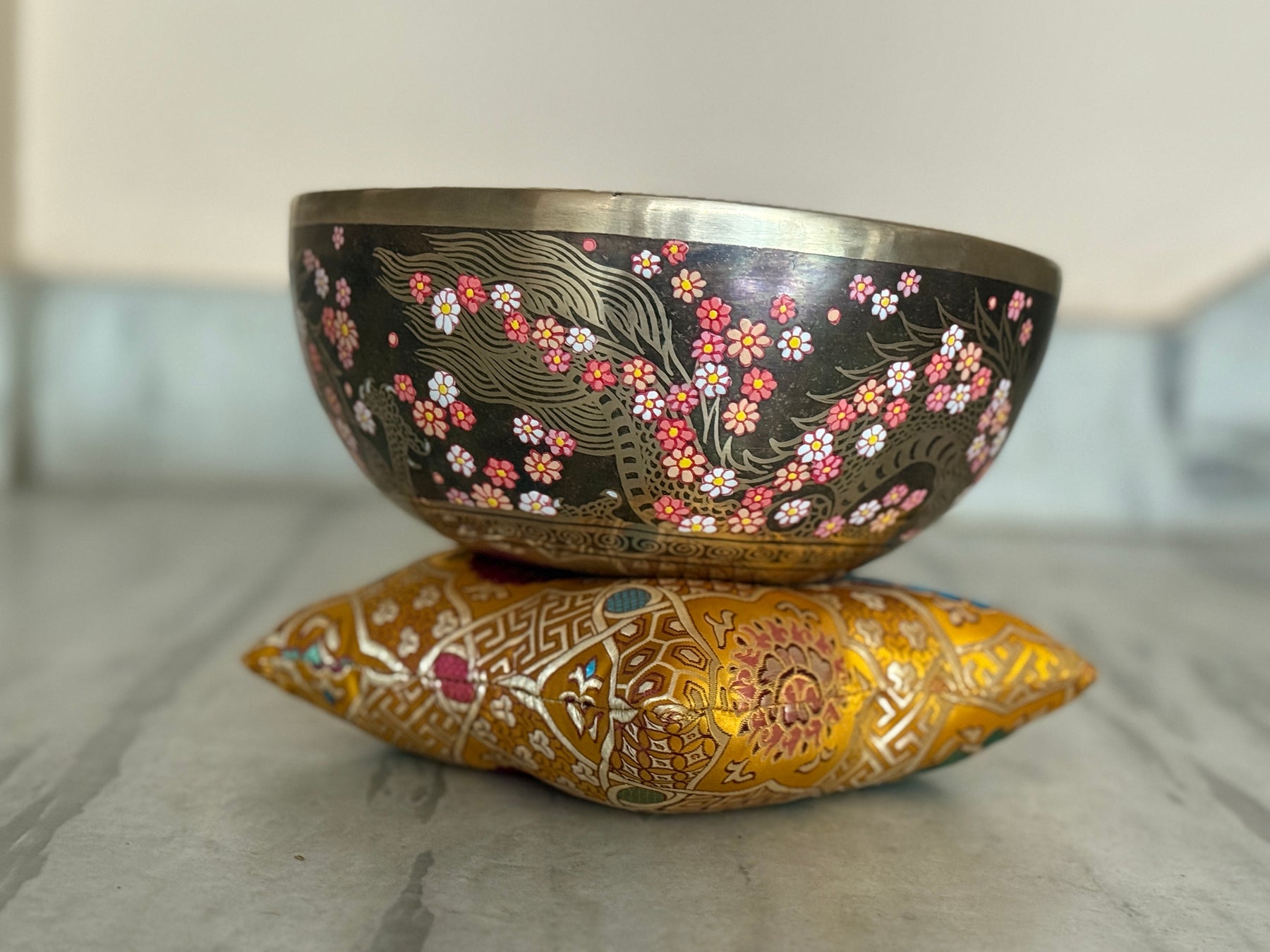 The Flower Dragon. 9 Inch Hand-Painted Singing Bowl. Spring Edition