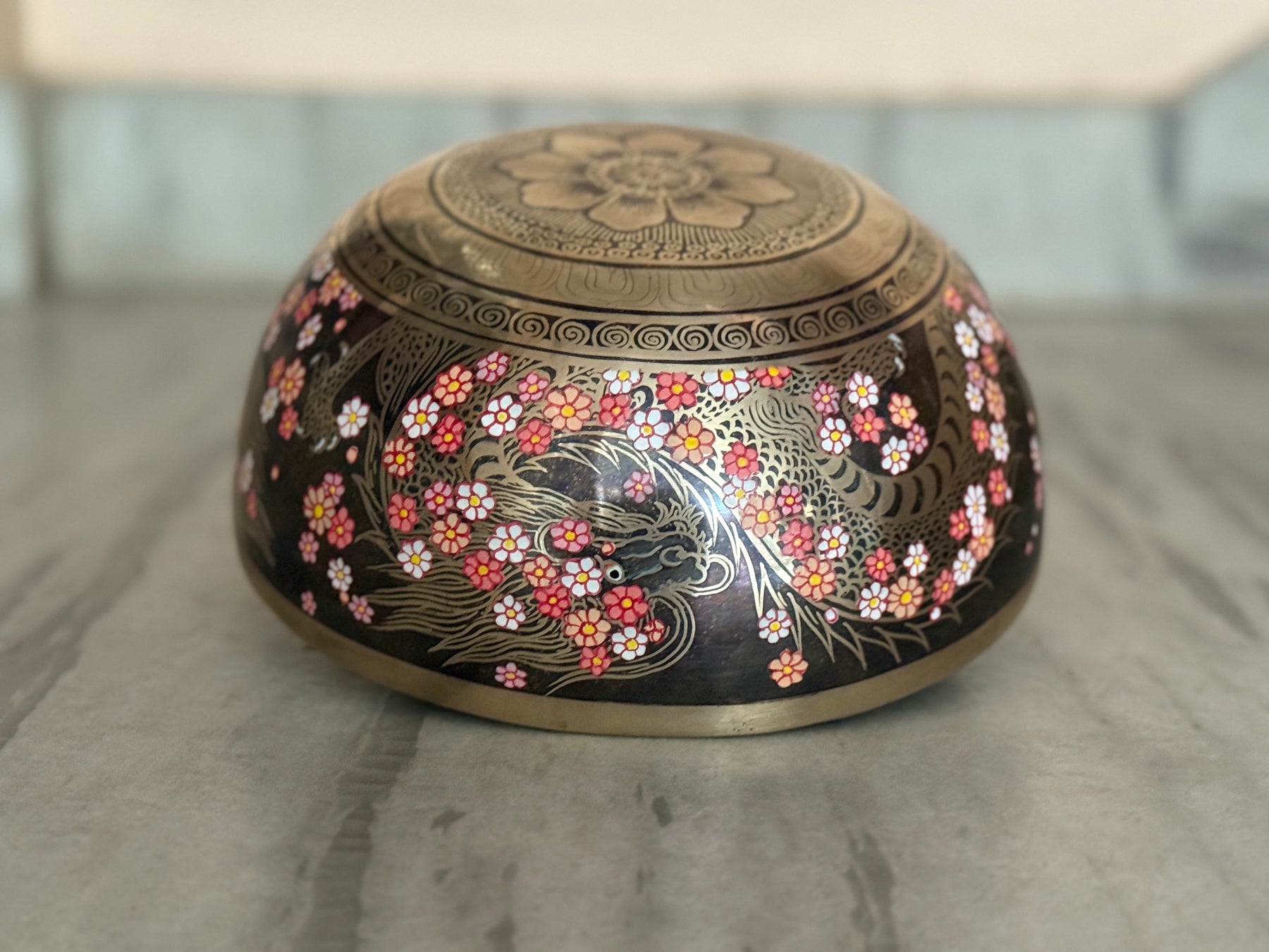 The Flower Dragon. 9 Inch Hand-Painted Singing Bowl. Spring Edition