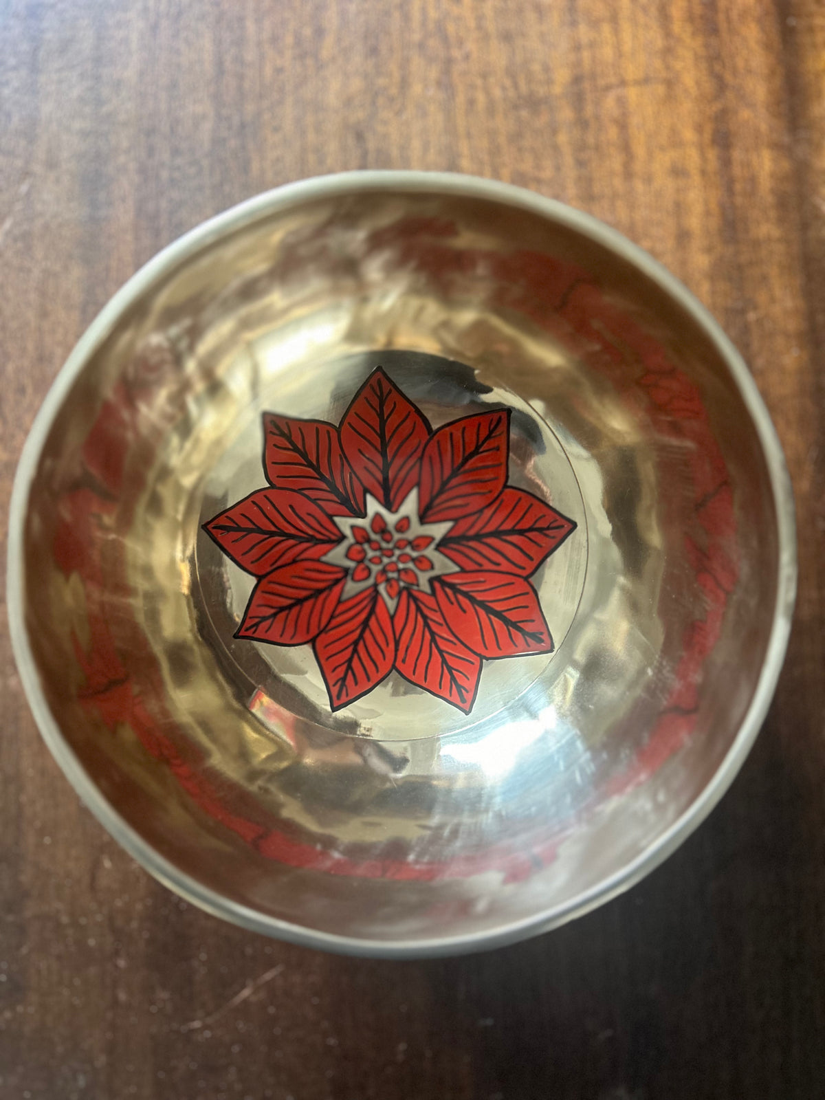The Poinsettia Bowl: 7.6 Inch Handpainted Natural Bronze Singing Bowl