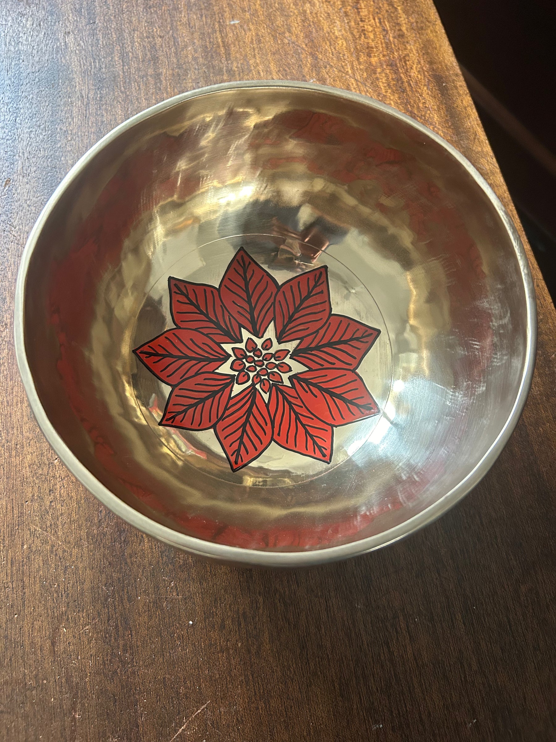 The Poinsettia Bowl: 7.6 Inch Handpainted Natural Bronze Singing Bowl