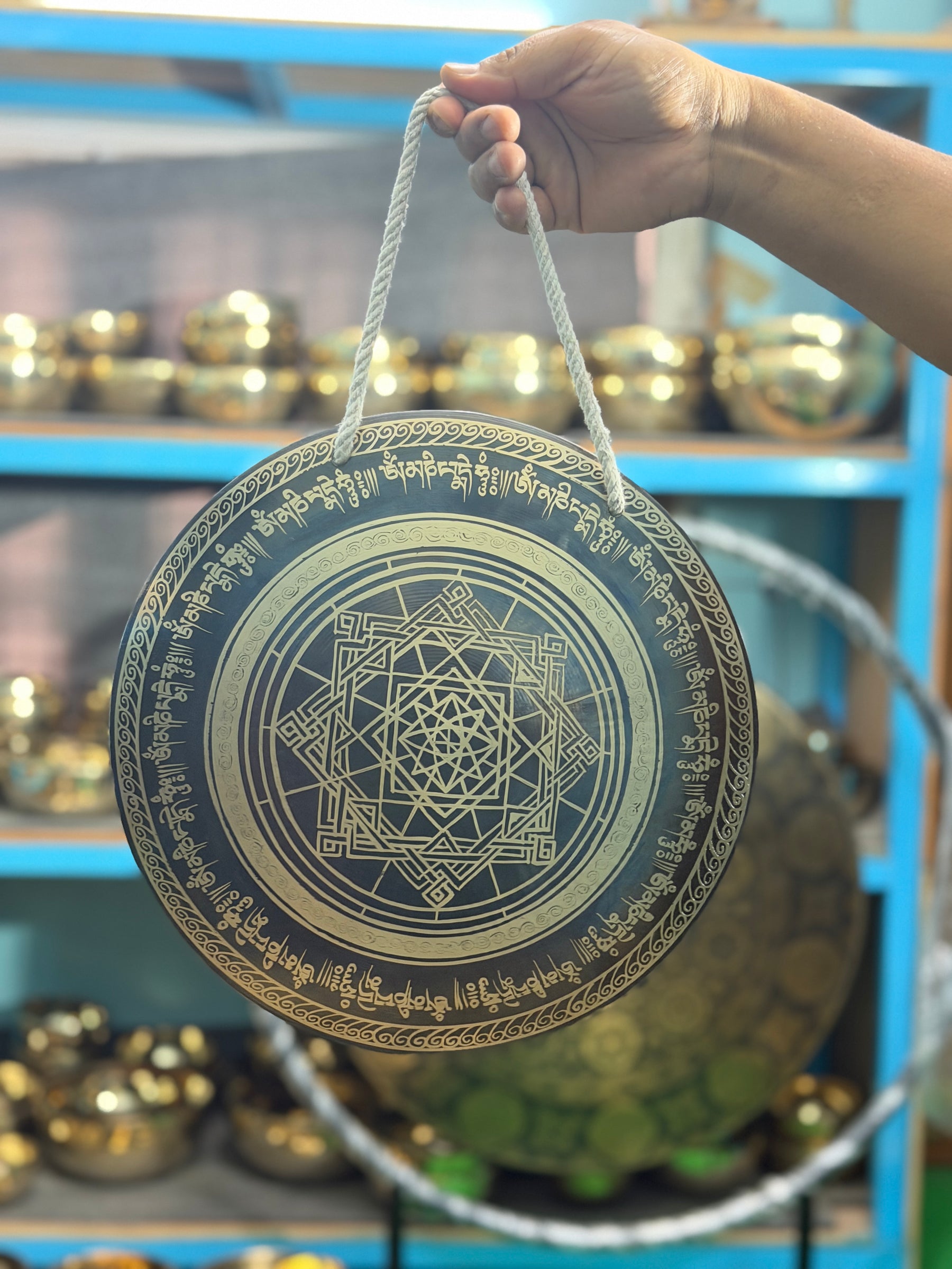 Hand Held Temple Gong — 12 Inch Ohm Handheld Gong Handcrafted in Nepal