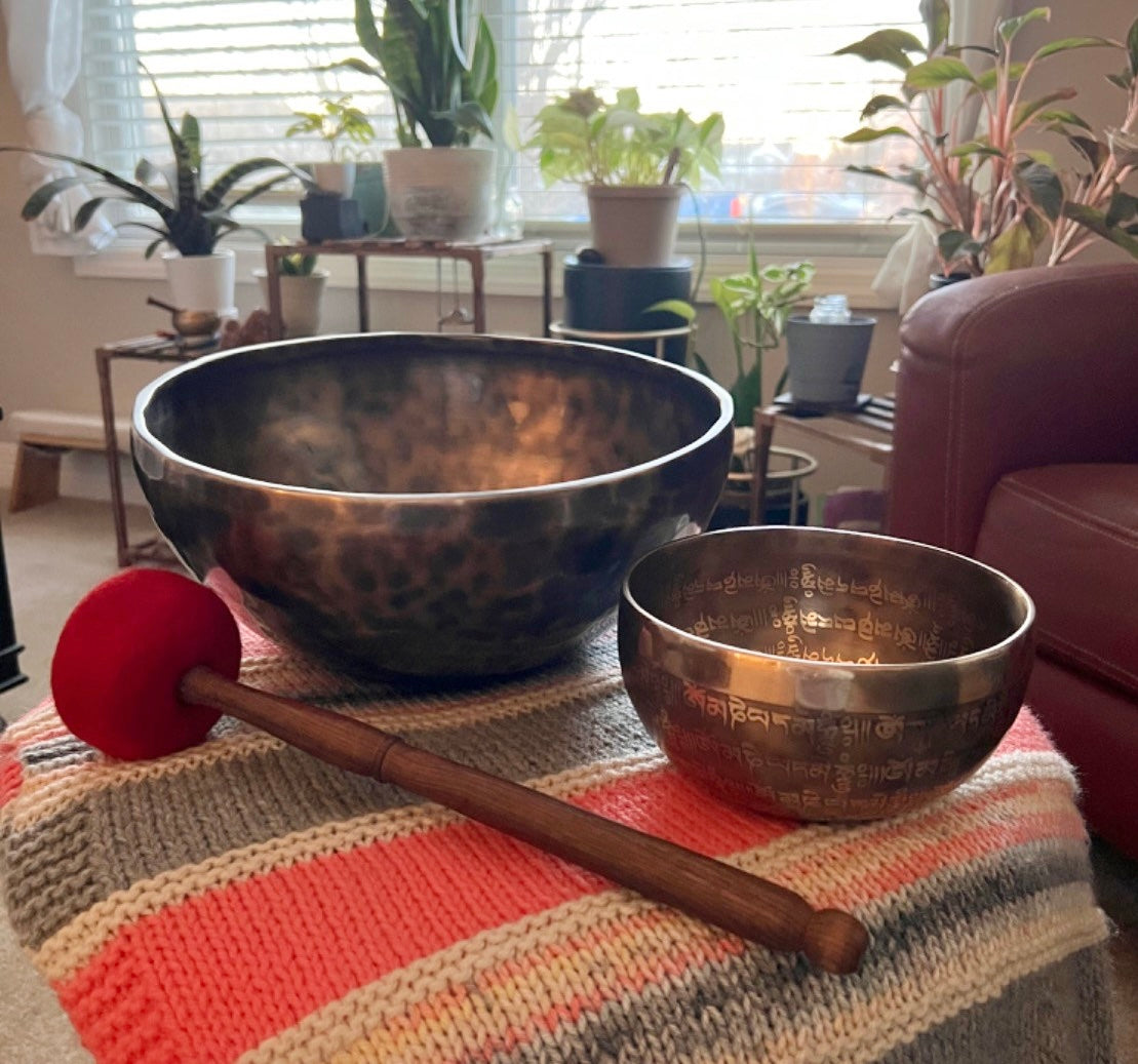 The Tibetan Sounds Sanctuary Bundle with two real handmade singing bowls and a striker