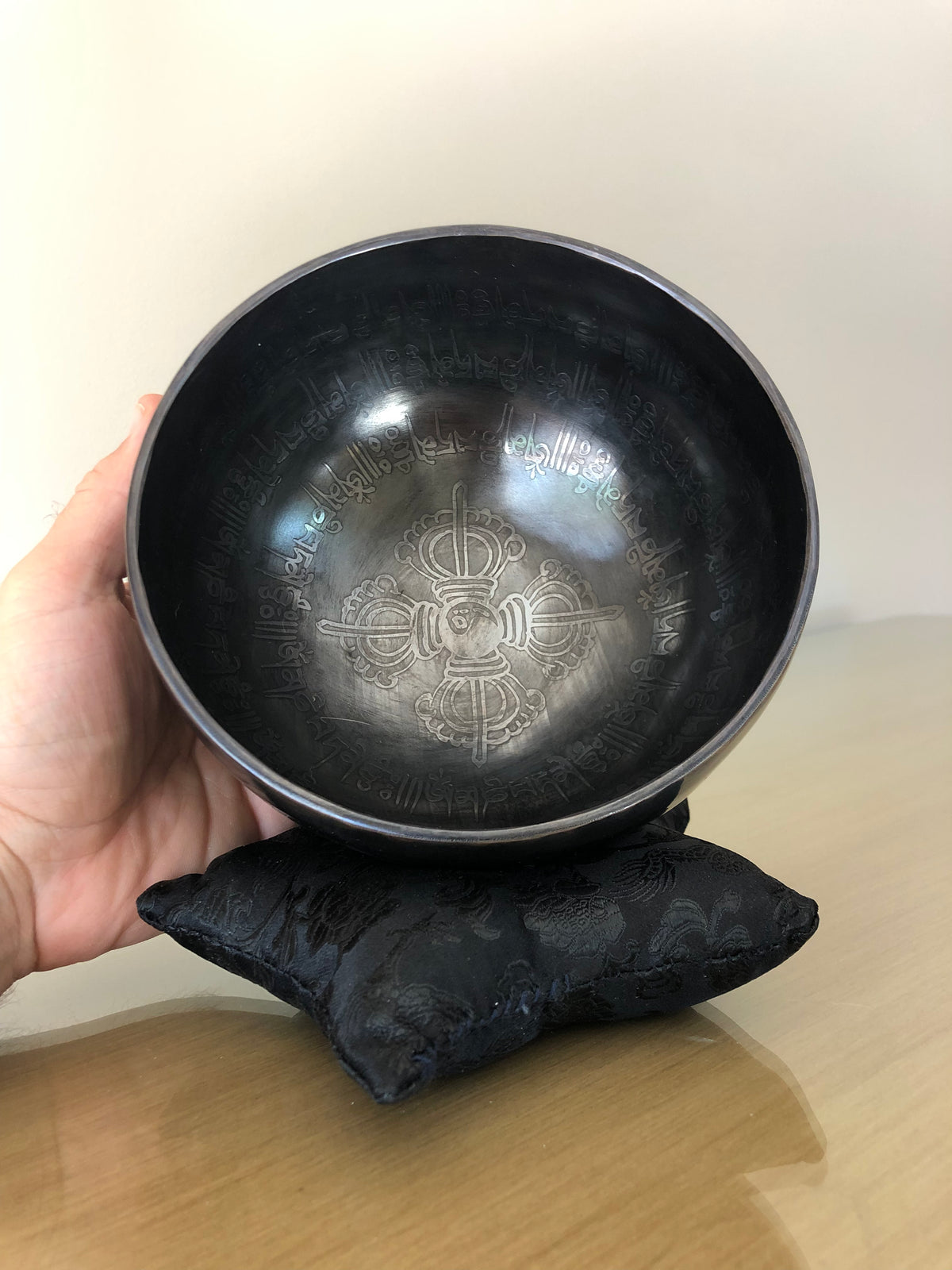 Large Infinity Bowl: 6 Inch Handmade Bronze Singing Bowl Matte Black Om Mani Padme Hum