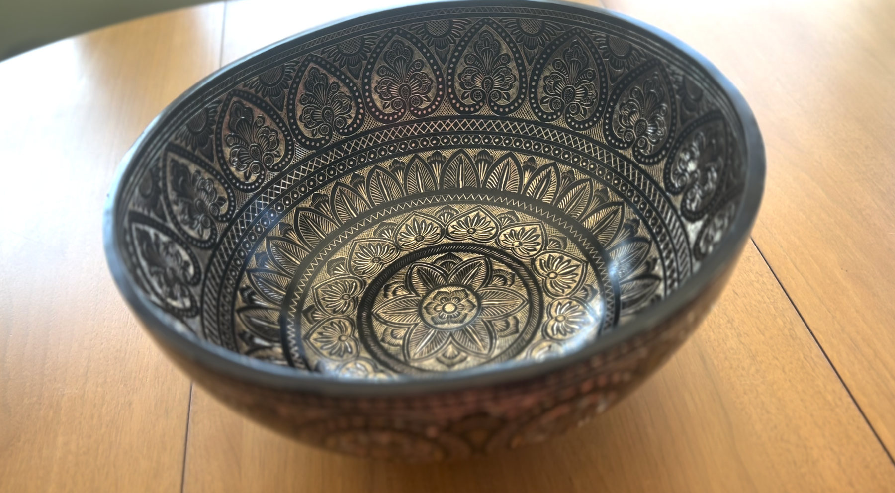 The 15.5 Inch Deep Engraved Midnight Lotus Singing Bowl I Handmade Large Format Bell Bronze