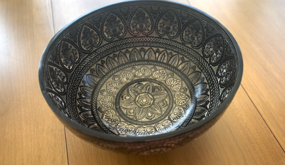 The 15.5 Inch Deep Engraved Midnight Lotus Singing Bowl I Handmade Large Format Bell Bronze
