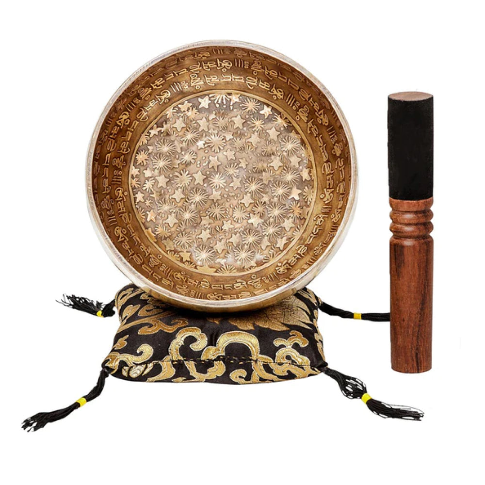 The Weathered Collection: The Inner Space Bowl: 6 Inch Handmade Bronze Singing Bowl From Nepal Moon and Star Design
