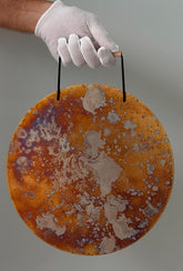 Circle Gong Plate 11 inch, hand-forged silver-nickel with one-of-a-kind colors, hanging on its cord