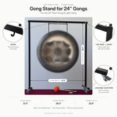 Gong stand for 24 inch gongs diagram: 31.5 in clear width, 38 in clear height, fits gongs up to 25.6 in, with hook, top bar joint and locking casters