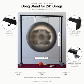 Gong stand for 24 inch gongs diagram: 31.5 in clear width, 38 in clear height, fits gongs up to 25.6 in, with hook, top bar joint and locking casters