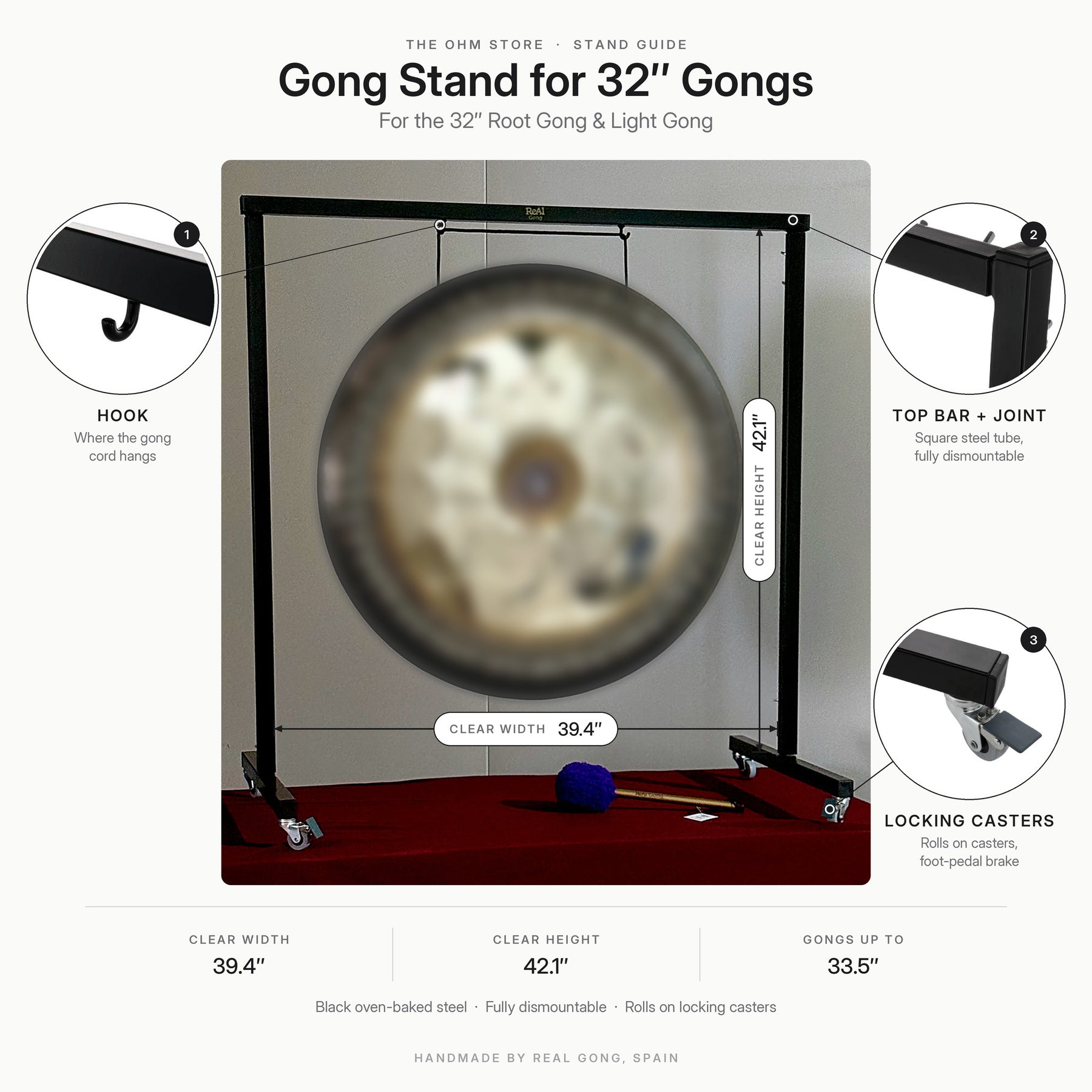 Gong stand for 32 inch gongs diagram: 39.4 in clear width, 42.1 in clear height, fits gongs up to 33.5 in, with hook, top bar joint and locking casters